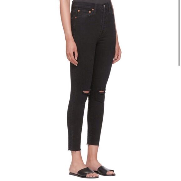 Re/Done 90s High-Rise Ankle Crop in Universe Coal Black, Distressed-Size 26-NWOT - Picture 1 of 13